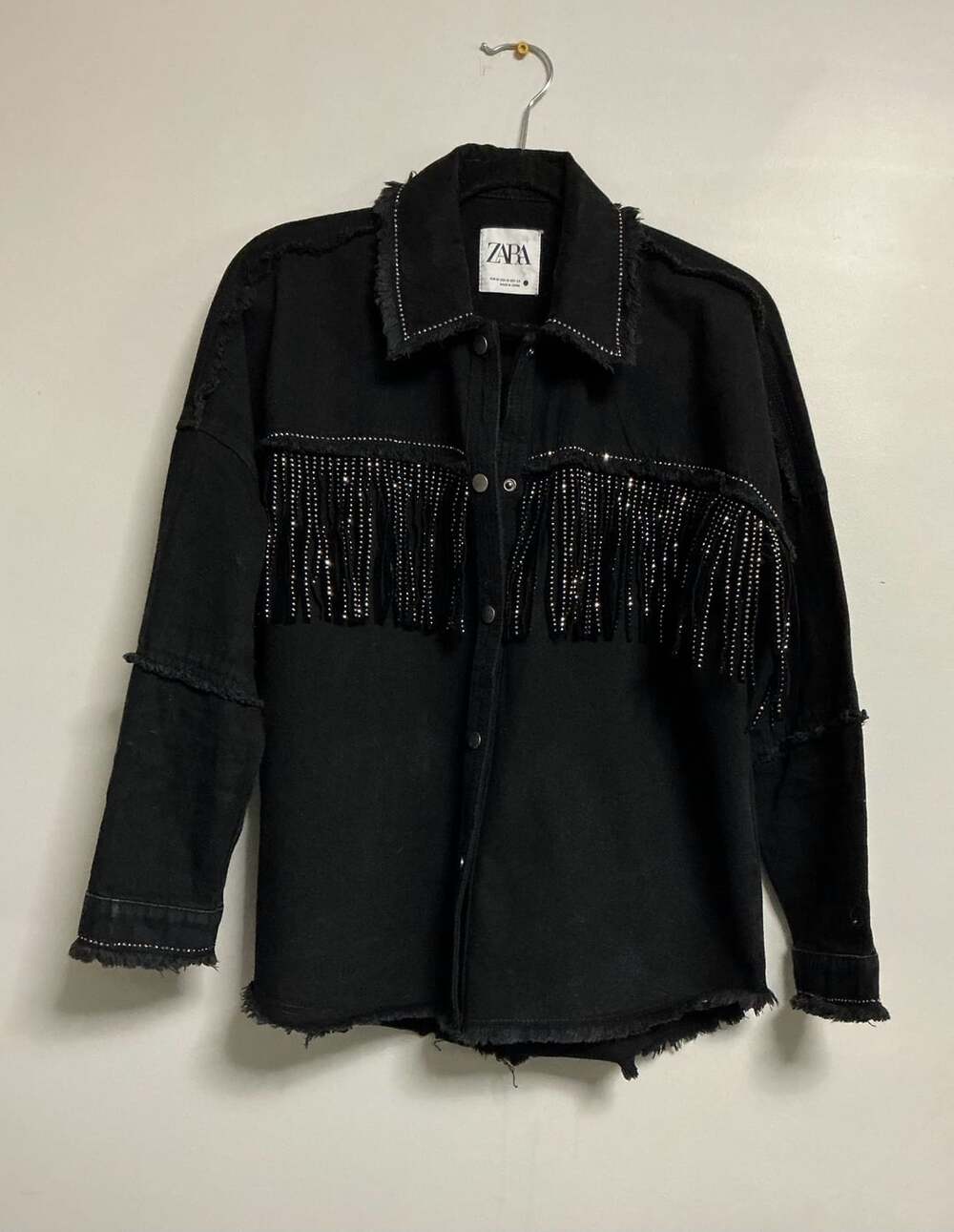 Zara Rhinestone Fringe Black Denim Jacket